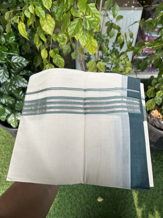 20% Discount !! KaithariKada Balaramapuram Double Off White (Unbleached) Mundu/Dhoti - 100x80 - 1.25 inch Green & Silver Striped kara 3.90 mtr (8 muzham) - 18 KK5313 PMC