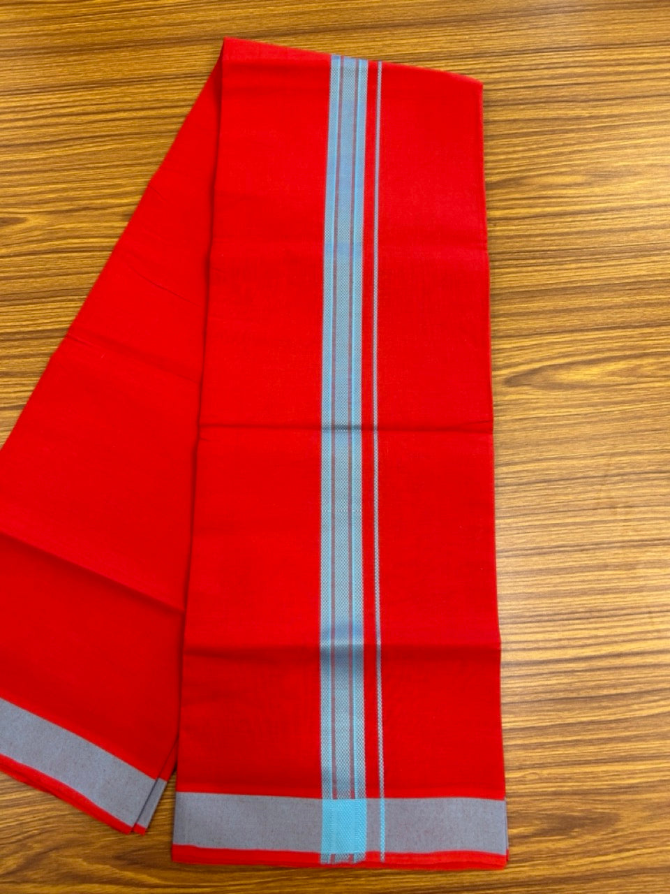 19% Discount!!! Kaitharikada - Single Kaily / Lungi - 1.25 inch Light Blue Pattern striped kara with Chilly Red colour body  (2 meter / 4 muzham) - 56 KK8035 GAN