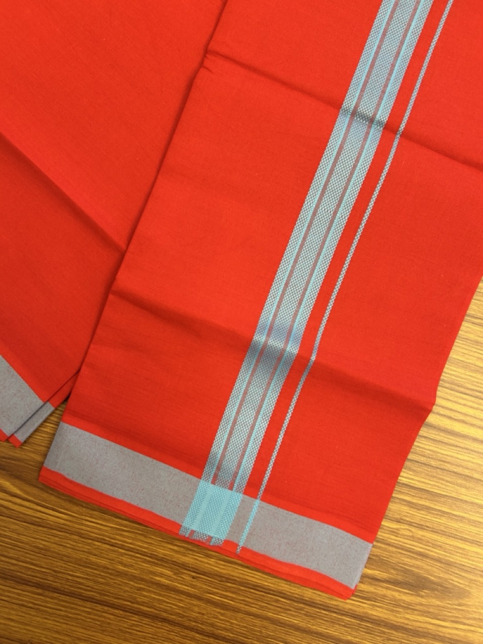 19% Discount!!! Kaitharikada - Single Kaily / Lungi - 1.25 inch Light Blue Pattern striped kara with Chilly Red colour body  (2 meter / 4 muzham) - 56 KK8035 GAN