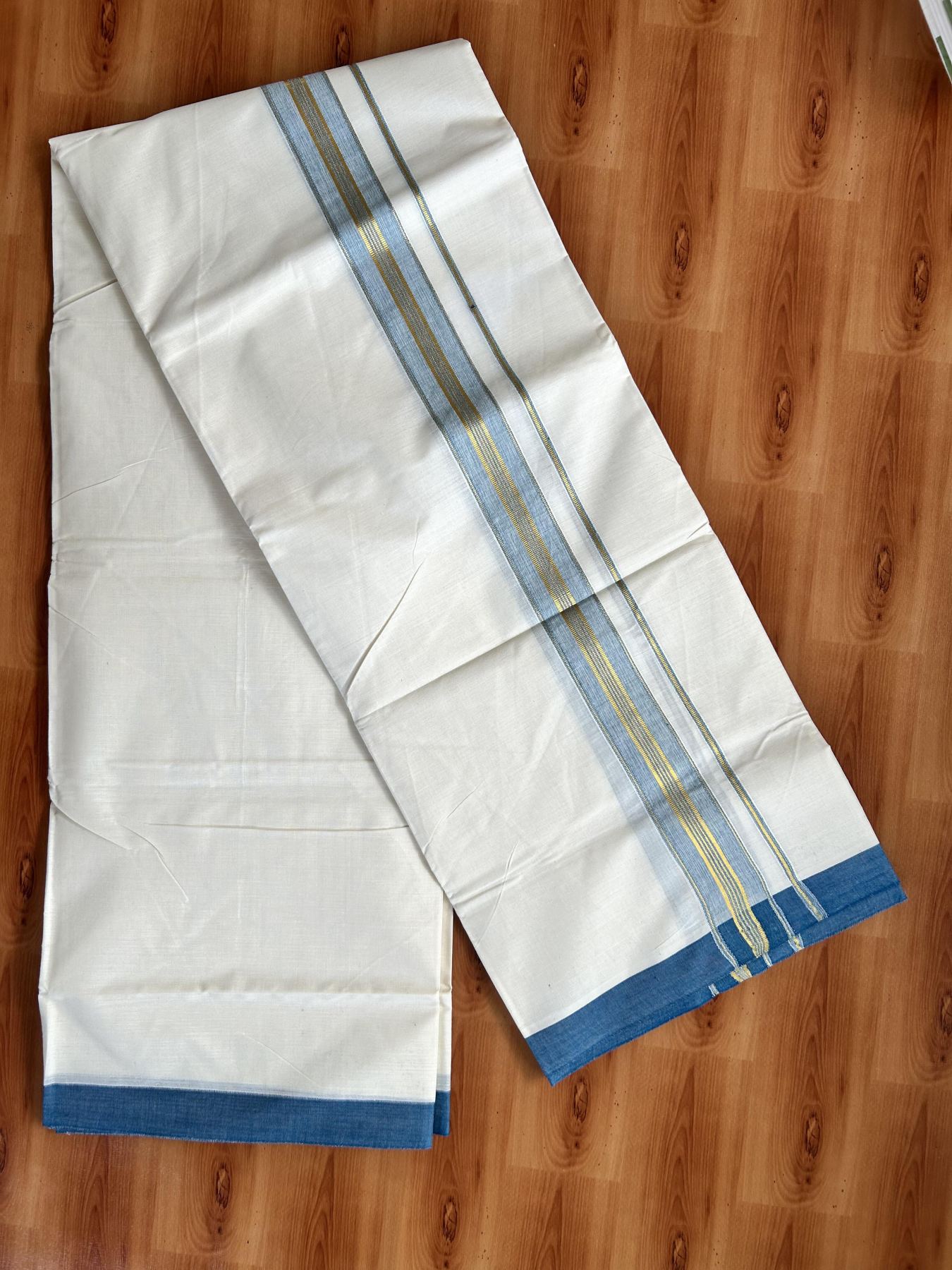 Double Off White - (Unbleached) Mundu/Dhoti - 20% Discount! KaithariKada Balaramapuram Pure Cotton - 80s - 1.5 inch Gold Kasav & Peacock Blue Striped Kara - 4 mtr (8.5 Muzham) - 15 KK5416 GAN