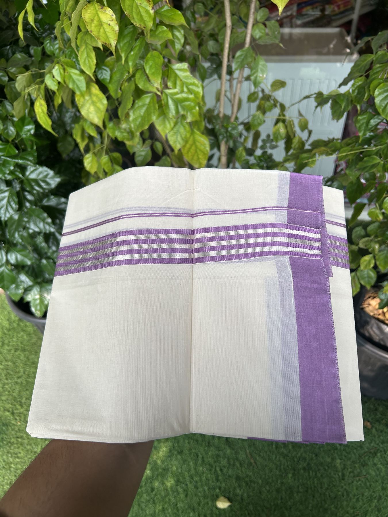 20% Discount !! KaithariKada Balaramapuram Double Off White (Unbleached) Mundu/Dhoti - 100x80 - 1.25 inch Violet & Silver Striped kara 3.90 mtr (8 muzham) - 16 KK5313 PMC