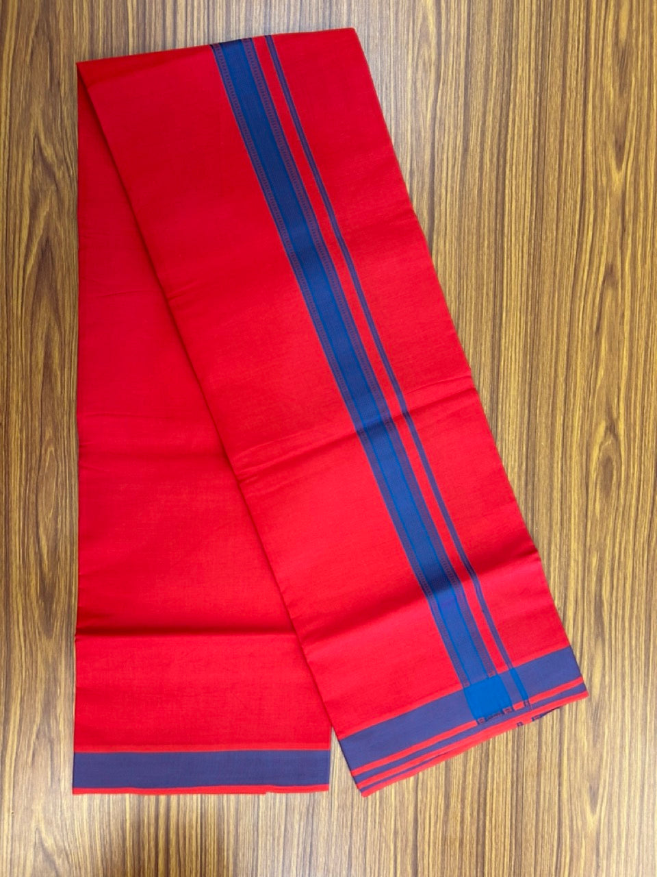 19% Discount!!! Kaitharikada - Single Kaily / Lungi - 1.25 inch Peacock Blue Pattern striped kara with Chilly Red colour body  (2 meter / 4 muzham) - 55 KK8035 GAN