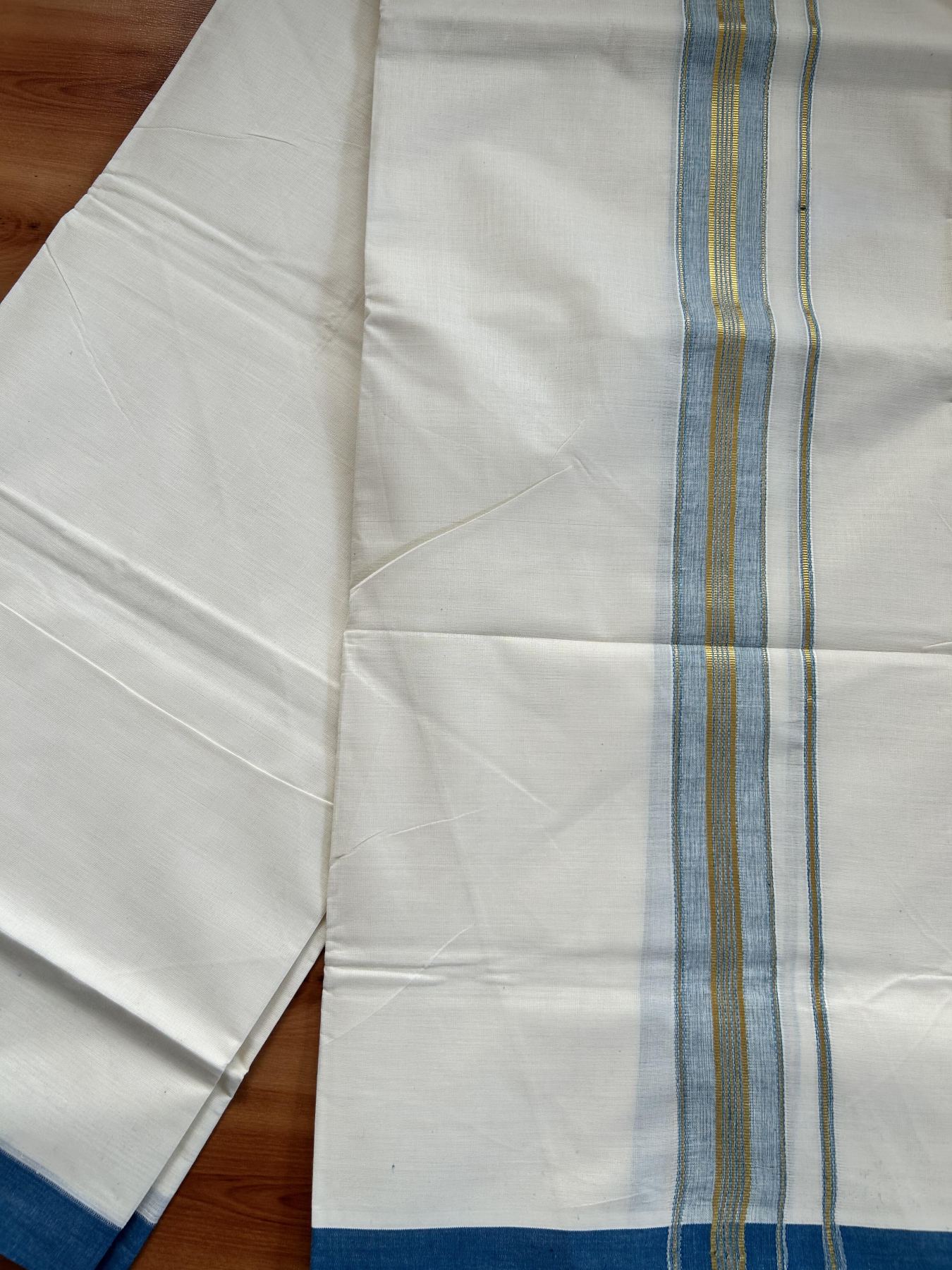 Double Off White - (Unbleached) Mundu/Dhoti - 20% Discount! KaithariKada Balaramapuram Pure Cotton - 80s - 1.5 inch Gold Kasav & Peacock Blue Striped Kara - 4 mtr (8.5 Muzham) - 15 KK5416 GAN