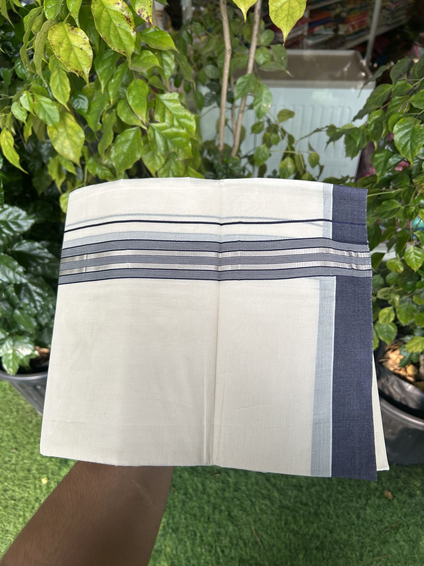 20% Discount !! KaithariKada Balaramapuram Double Off White (Unbleached) Mundu/Dhoti - 100x80 - 1.25 inch Navy Blue & Silver Striped kara 3.90 mtr (8 muzham) - 11 KK5313 PMC