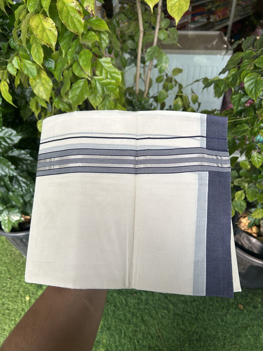 20% Discount !! KaithariKada Balaramapuram Double Off White (Unbleached) Mundu/Dhoti - 100x80 - 1.25 inch Navy Blue & Silver Striped kara 3.90 mtr (8 muzham) - 11 KK5313 PMC