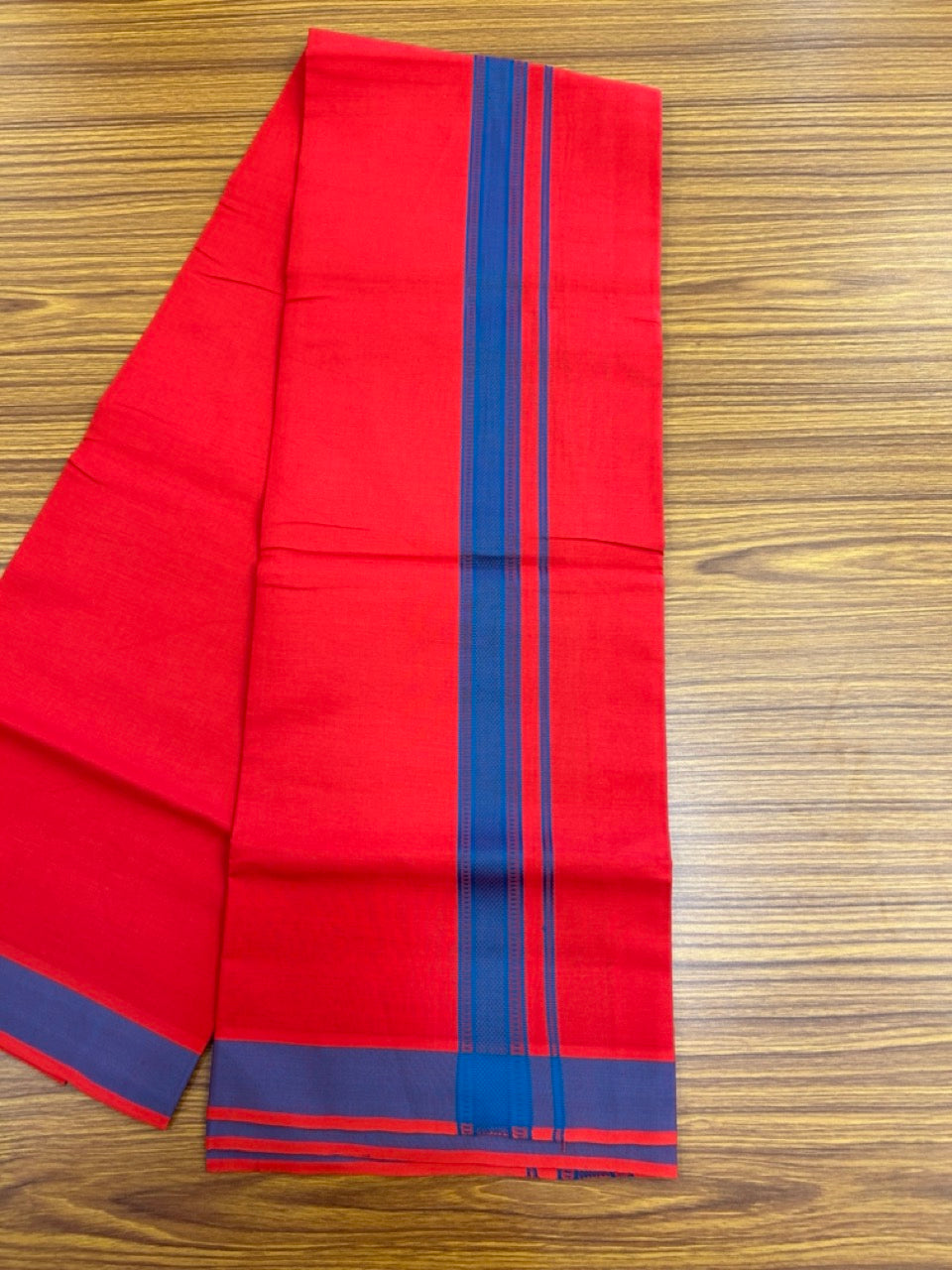 19% Discount!!! Kaitharikada - Single Kaily / Lungi - 1.25 inch Peacock Blue Pattern striped kara with Chilly Red colour body  (2 meter / 4 muzham) - 55 KK8035 GAN