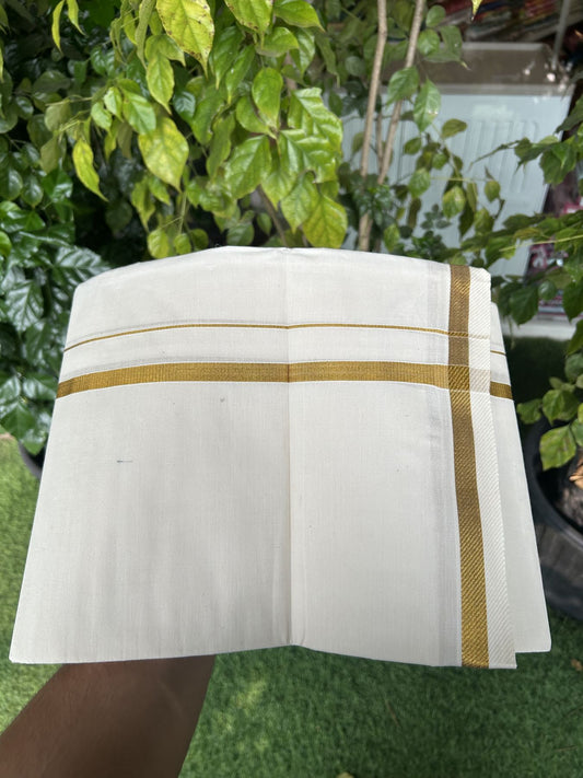 7% Discount! KaithariKada Balaramapuram 100% Cotton Single Off White - (Unbleached) Mundu/Dhoti - 100x80 - 0.5 inch Gold Kasav kara (2 meter / 4 muzham) - 70 KK52313 PMC