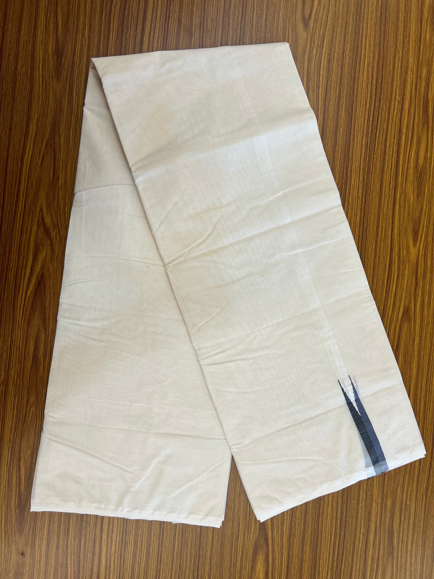 20% Discount!! KaithariKada Balaramapuram 100% Cotton Off White Double - (Unbleached) Mundu/Dhoti-100x100 - 0.75 Inch Puliyilakkara Black & Dark Blue Chutty Kara - 4 mtr (8.5 muzham) - 25 KK5371 ASH