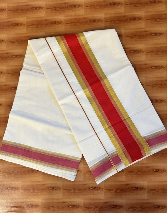 Off White Saree - 25% Discount! Kaitharikada Kerala Traditional Mixed Cotton Kasavu Saree - 3 Inch Pallu - Gold Kasav & Red Stripes Kara - 25 KK7000 PMC