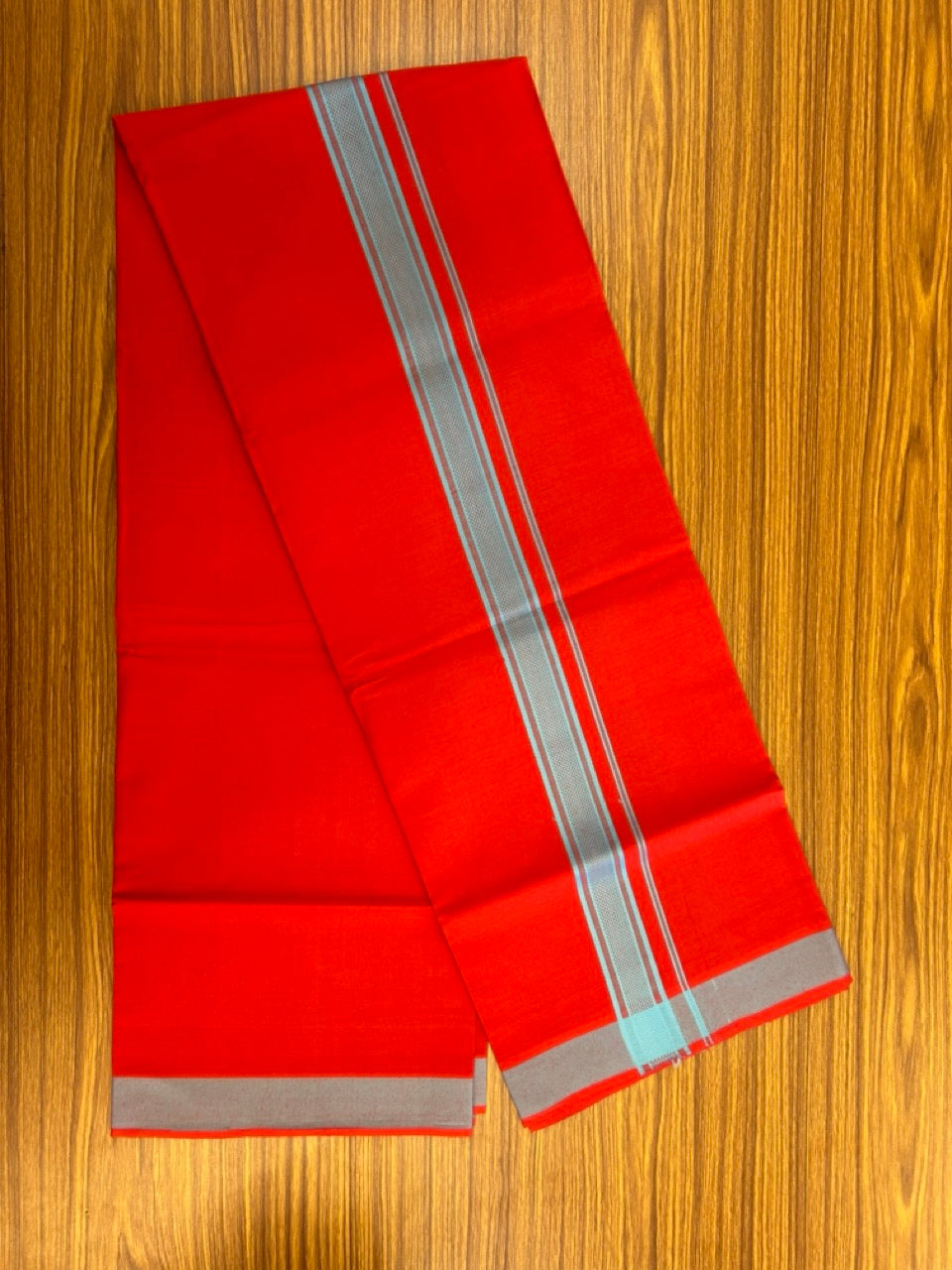 19% Discount!!! Kaitharikada - Single Kaily / Lungi - 1.25 inch Light Blue Pattern striped kara with Chilly Red colour body  (2 meter / 4 muzham) - 57 KK8035 GAN