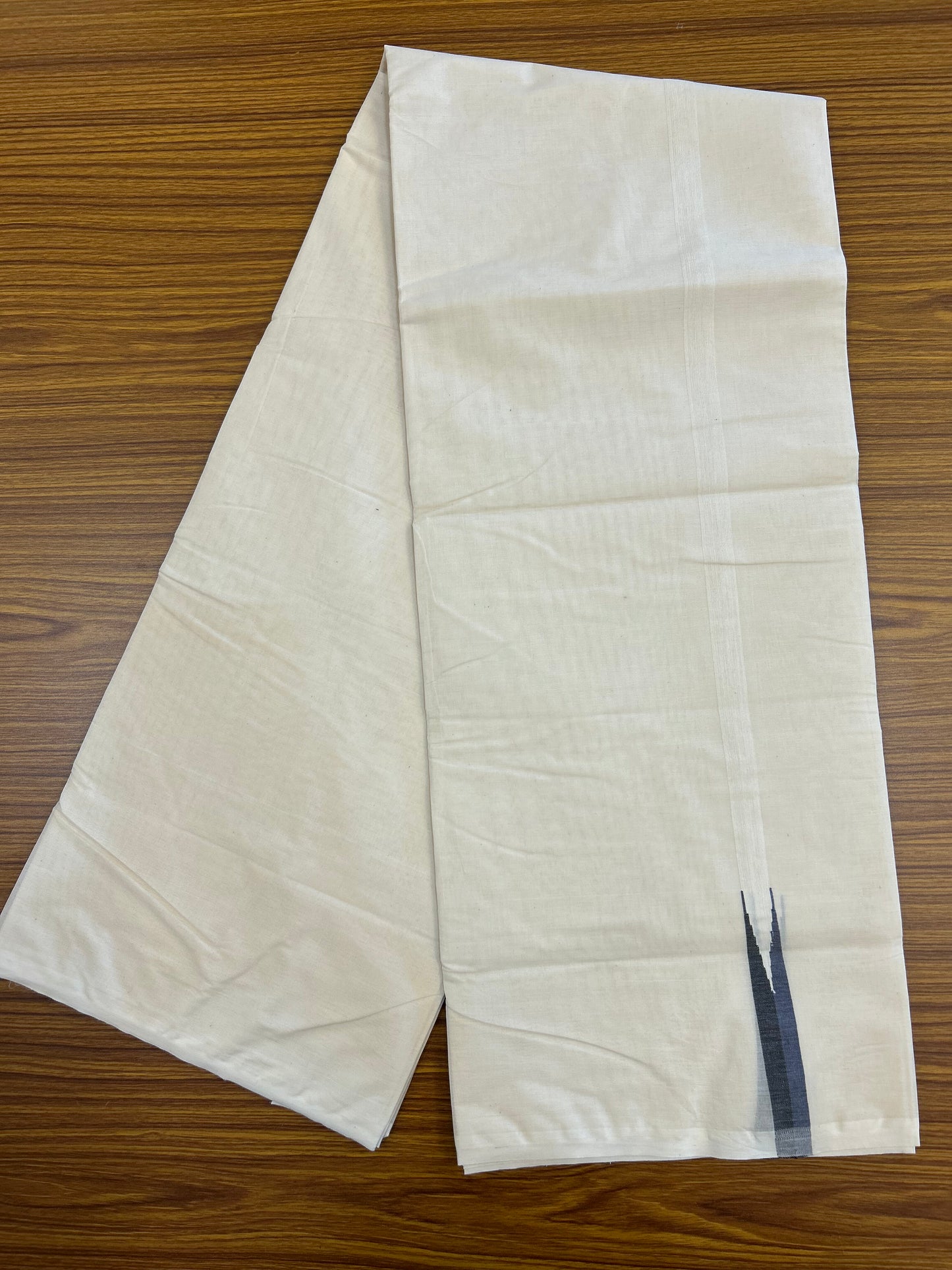 20% Discount!! KaithariKada Balaramapuram 100% Cotton Off White Double - (Unbleached) Mundu/Dhoti-100x100 - 0.75 Inch Puliyilakkara Black & Dark Blue Chutty Kara - 4 mtr (8.5 muzham) - 25 KK5371 ASH