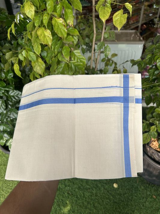 7% Discount! KaithariKada Balaramapuram 100% Cotton Single Off White - (Unbleached) Mundu/Dhoti - 100x80 - 0.5 inch Silver Kasav & Blue kara (2 meter / 4 muzham) - 66 KK52313 PMC