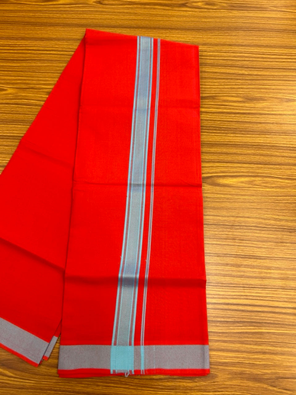 19% Discount!!! Kaitharikada - Single Kaily / Lungi - 1.25 inch Light Blue Pattern striped kara with Chilly Red colour body  (2 meter / 4 muzham) - 57 KK8035 GAN