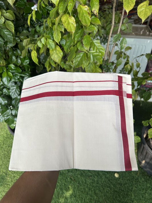 7% Discount! KaithariKada Balaramapuram 100% Cotton Single Off White - (Unbleached) Mundu/Dhoti - 100x80 - 0.5 inch Silver Kasav & Maroon kara (2 meter / 4 muzham) - 64 KK52313 PMC