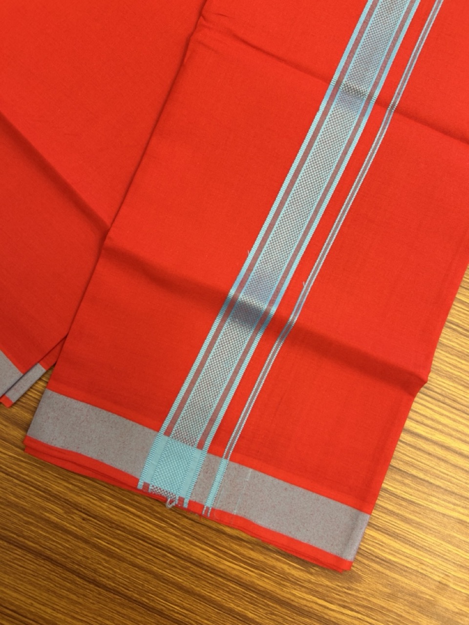 19% Discount!!! Kaitharikada - Single Kaily / Lungi - 1.25 inch Light Blue Pattern striped kara with Chilly Red colour body  (2 meter / 4 muzham) - 57 KK8035 GAN
