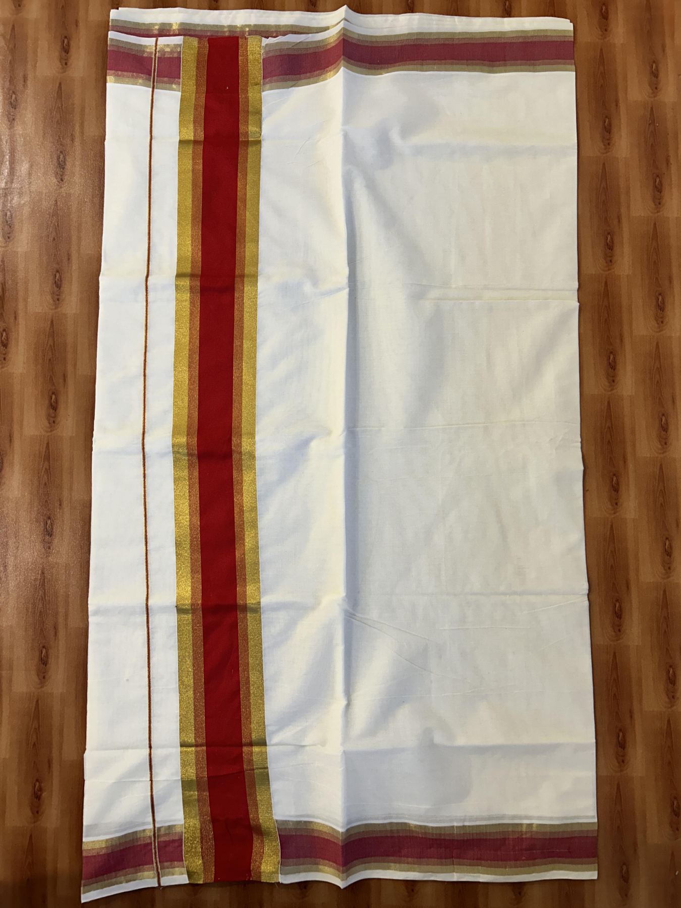 Off White Saree - 25% Discount! Kaitharikada Kerala Traditional Mixed Cotton Kasavu Saree - 3 Inch Pallu - Gold Kasav & Red Stripes Kara - 25 KK7000 PMC