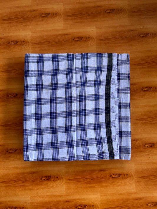 Premium Kathar Type Mund Pure cotton 40s - Kaitharikada Pulimood - Single Kaily / Lungi - 1 inch Black & White Border with White & Blue Check body (2 meter / 4 muzham) - 4 KK8090 MUT