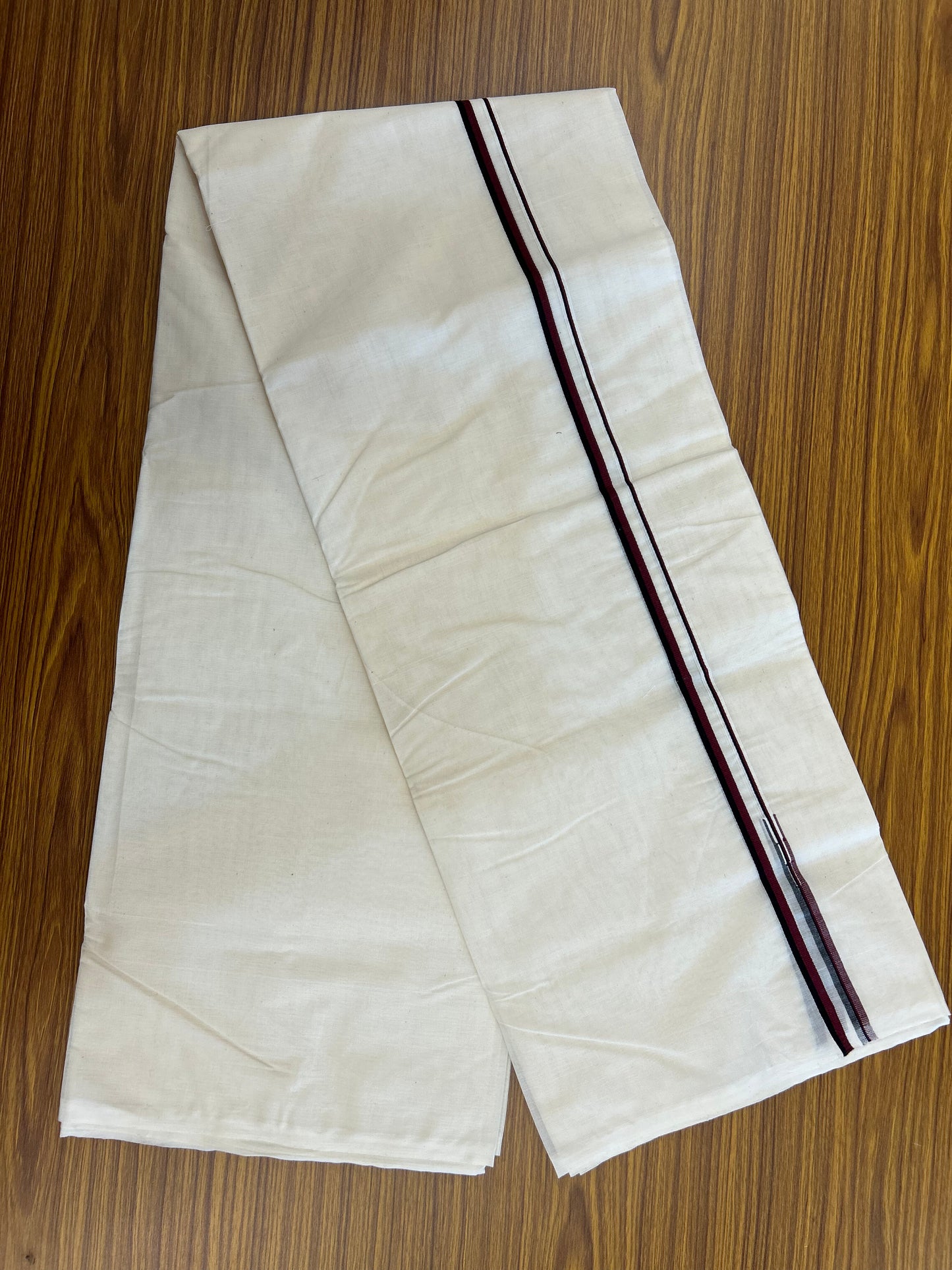 DMK Veshti - 20% Discount ! KaithariKada 100% Cotton off white Double - (Unbleached) Mundu/Dhoti - 100X100 - 0.25 Inch Puliyilakkara Black & Maroon chutty - 30 KK5371 ASH