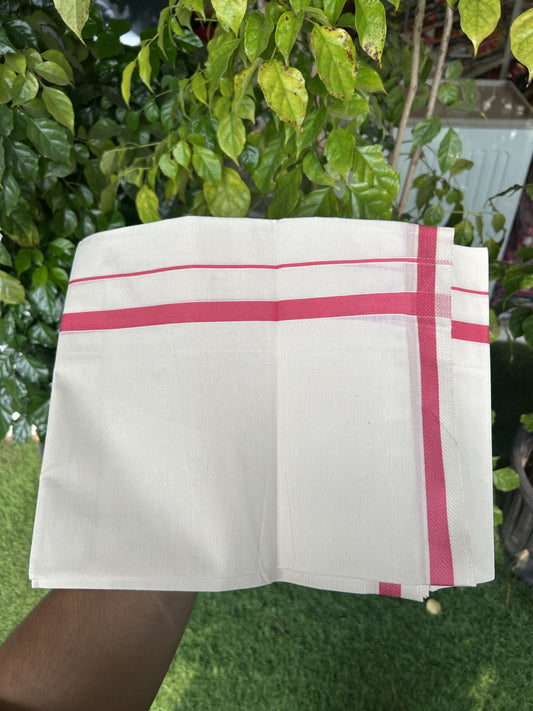 7% Discount! KaithariKada Balaramapuram 100% Cotton Single Off White - (Unbleached) Mundu/Dhoti - 100x80 - 0.5 inch Silver Kasav & Red pink kara (2 meter / 4 muzham) - 63 KK52313 PMC