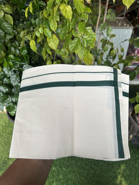 7% Discount! KaithariKada Balaramapuram 100% Cotton Single Off White - (Unbleached) Mundu/Dhoti - 100x80 - 0.5 inch Silver Kasav & Bottle Green kara (2 meter / 4 muzham) - 67 KK52313 PMC