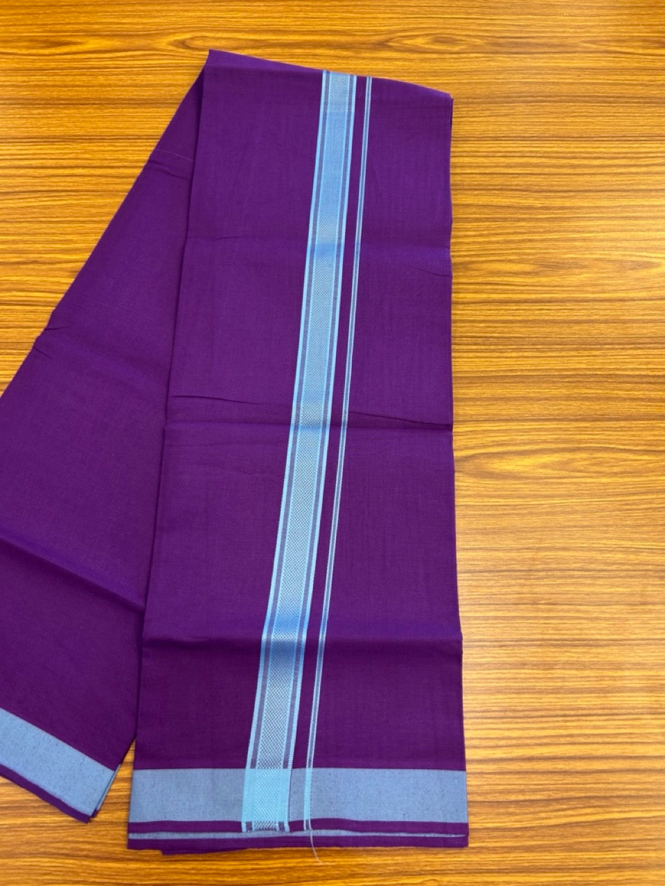 19% Discount!!! Kaitharikada - Single Kaily / Lungi - 1.25 inch Light Blue Pattern striped kara with Deep Violet colour body  (2 meter / 4 muzham) - 46 KK8035 GAN