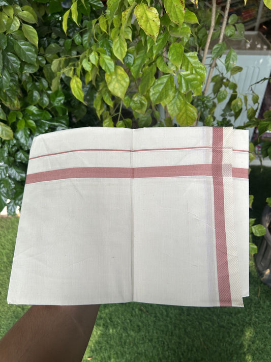 7% Discount! KaithariKada Balaramapuram 100% Cotton Single Off White - (Unbleached) Mundu/Dhoti - 100x80 - 0.5 inch Silver Kasav & Dusty Rose kara (2 meter / 4 muzham) - 65 KK52313 PMC