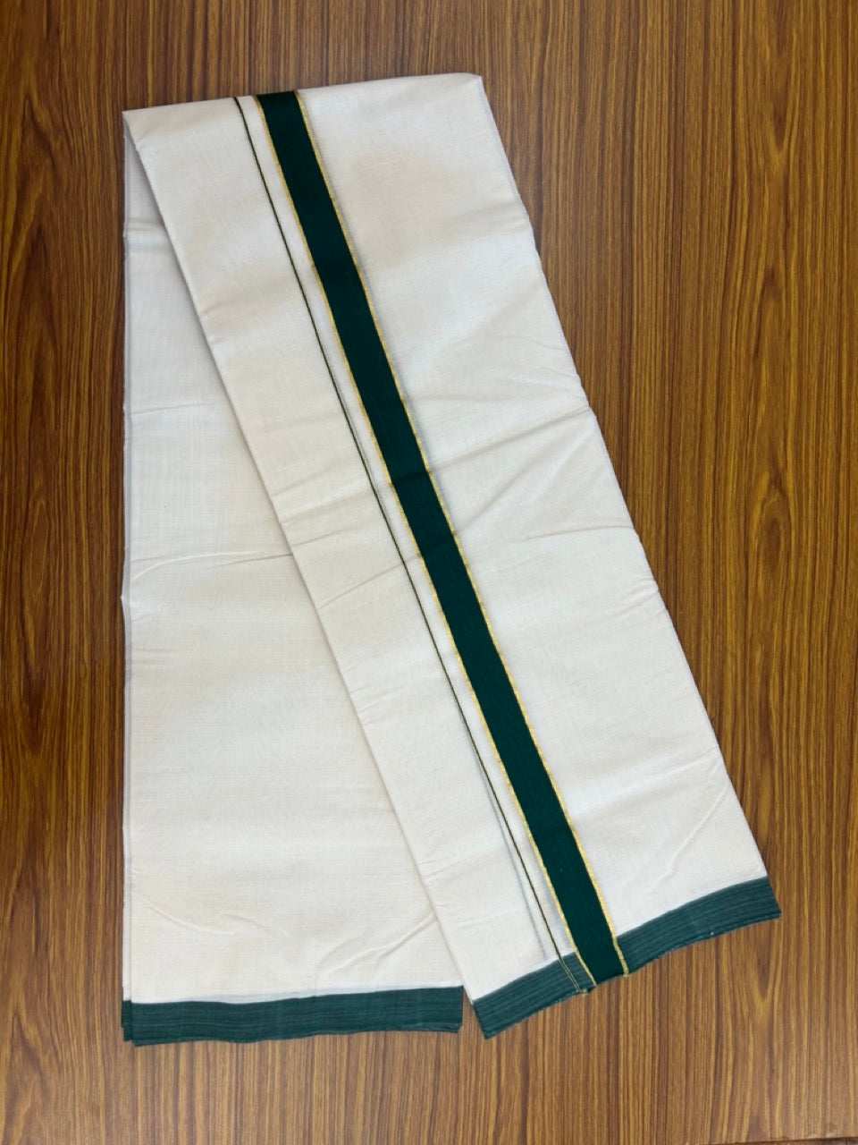 25% Discount! KaithariKada Handloom Millpaav Balaramapuram - Cotton Double Mundu/Dhoti Off white (Unbleached) - 80x90 - 1.25 inch Kasav Green Kara 3.60 meter (8 Muzham) - 86 KK5256 RAM