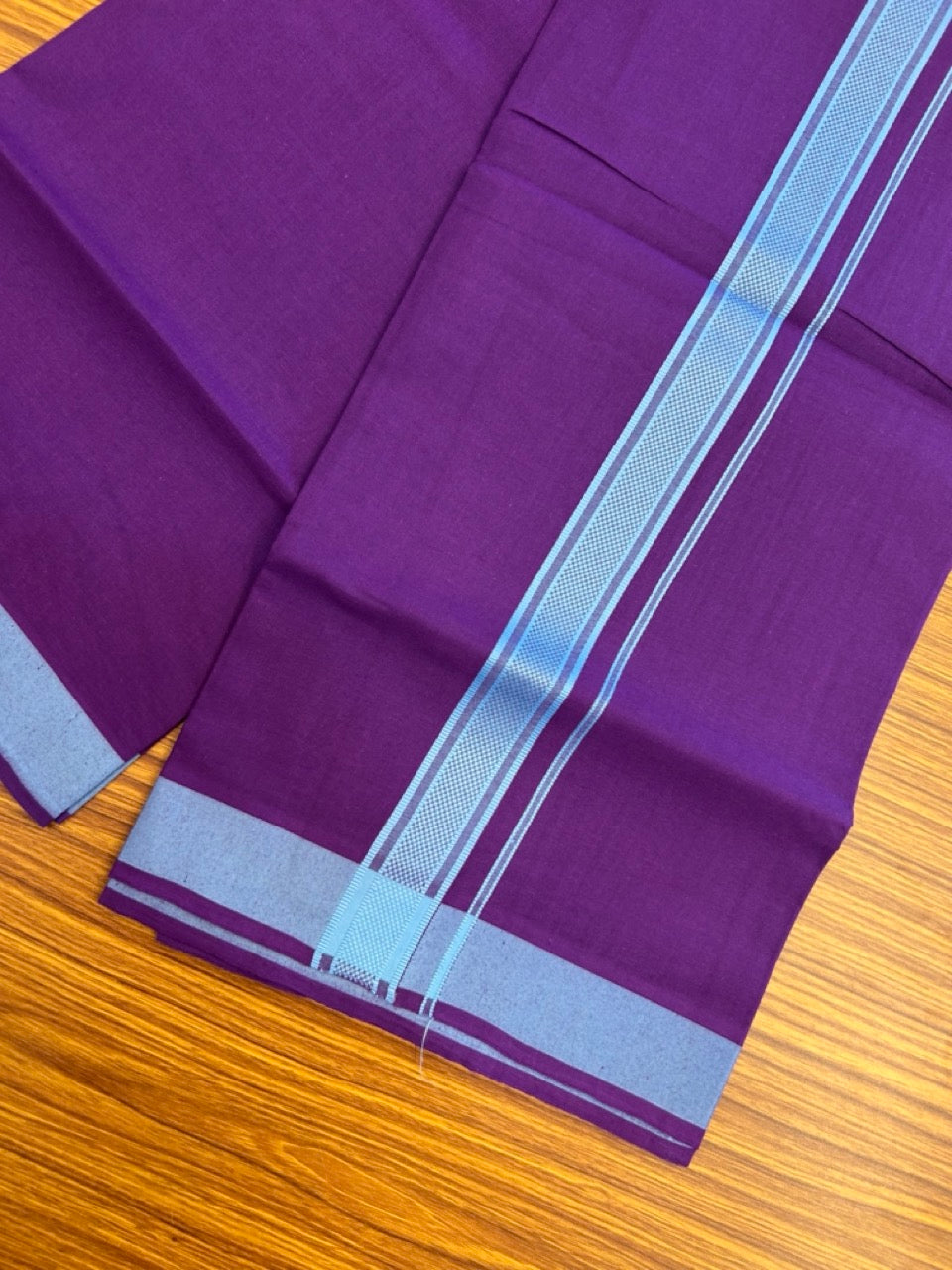 19% Discount!!! Kaitharikada - Single Kaily / Lungi - 1.25 inch Light Blue Pattern striped kara with Deep Violet colour body  (2 meter / 4 muzham) - 46 KK8035 GAN
