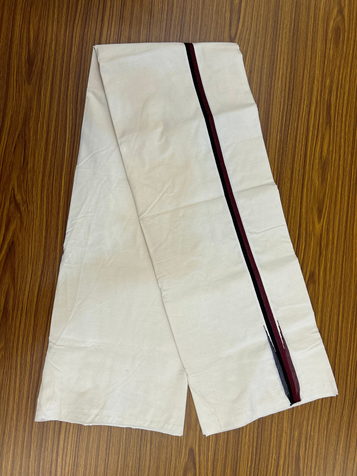 Dmk Veshti - 20% Discount !! KaithariKada Balaramapuram 100% Cotton Single Off White - (Unbleached) Mundu/Dhoti- Twisted 100s Thread - 1 inch Puliyilakkara Maroon & Black Chutty Kara (2 meter / 4 muzham) - 32 KK5373 ASH