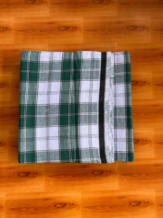 Premium Kathar Type Mund Pure cotton 40s - Kaitharikada Pulimood - Single Kaily / Lungi - 1 inch Black & White Border with White & Green Check body (2 meter / 4 muzham) - 5 KK8090 MUT