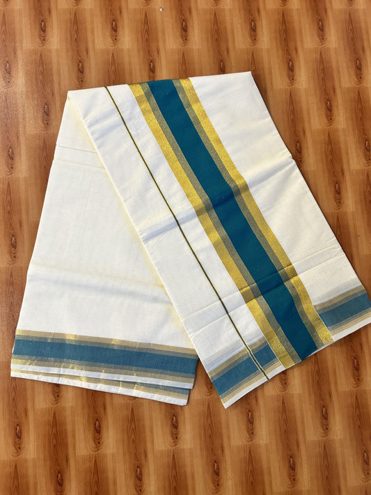 Off White Saree - 25% Discount! Kaitharikada Kerala Traditional Mixed Cotton Kasavu Saree - 3 Inch Pallu - Gold Kasav & Green Stripes Kara - 27 KK7000 PMC