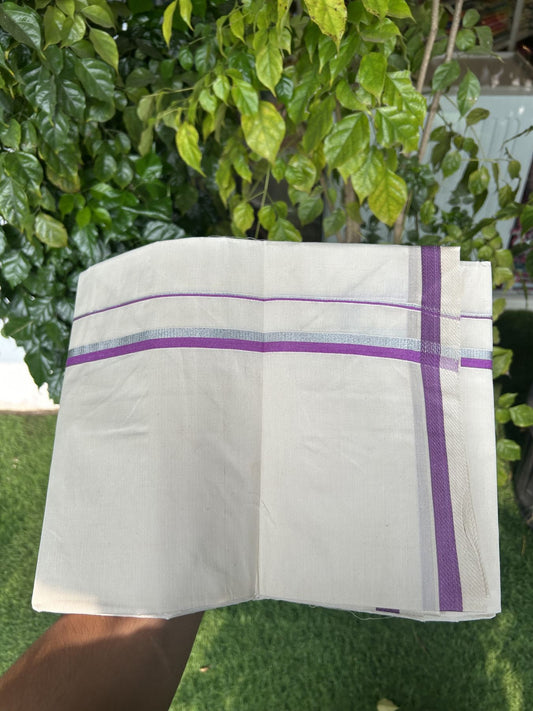 9% Discount! KaithariKada Balaramapuram 100% Cotton Single Off White - (Unbleached) Mundu/Dhoti - 100x80 - 0.5 inch Silver Kasav & Purple kara (2 meter / 4 muzham) - 62 KK52313 PMC