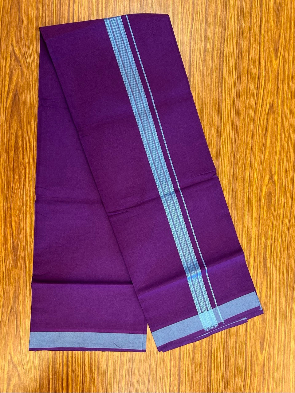 19% Discount!!! Kaitharikada - Single Kaily / Lungi - 1.25 inch Light Blue Pattern striped kara with Deep Violet colour body  (2 meter / 4 muzham) - 48 KK8035 GAN