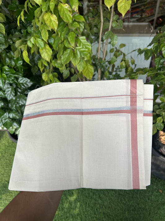 9% Discount! KaithariKada Balaramapuram 100% Cotton Single Off White - (Unbleached) Mundu/Dhoti - 100x80 - 0.5 inch Silver Kasav & Dusty Rose kara (2 meter / 4 muzham) - 61 KK52313 PMC