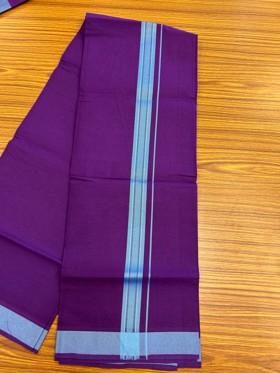 19% Discount!!! Kaitharikada - Single Kaily / Lungi - 1.25 inch Light Blue Pattern striped kara with Deep Violet colour body  (2 meter / 4 muzham) - 48 KK8035 GAN