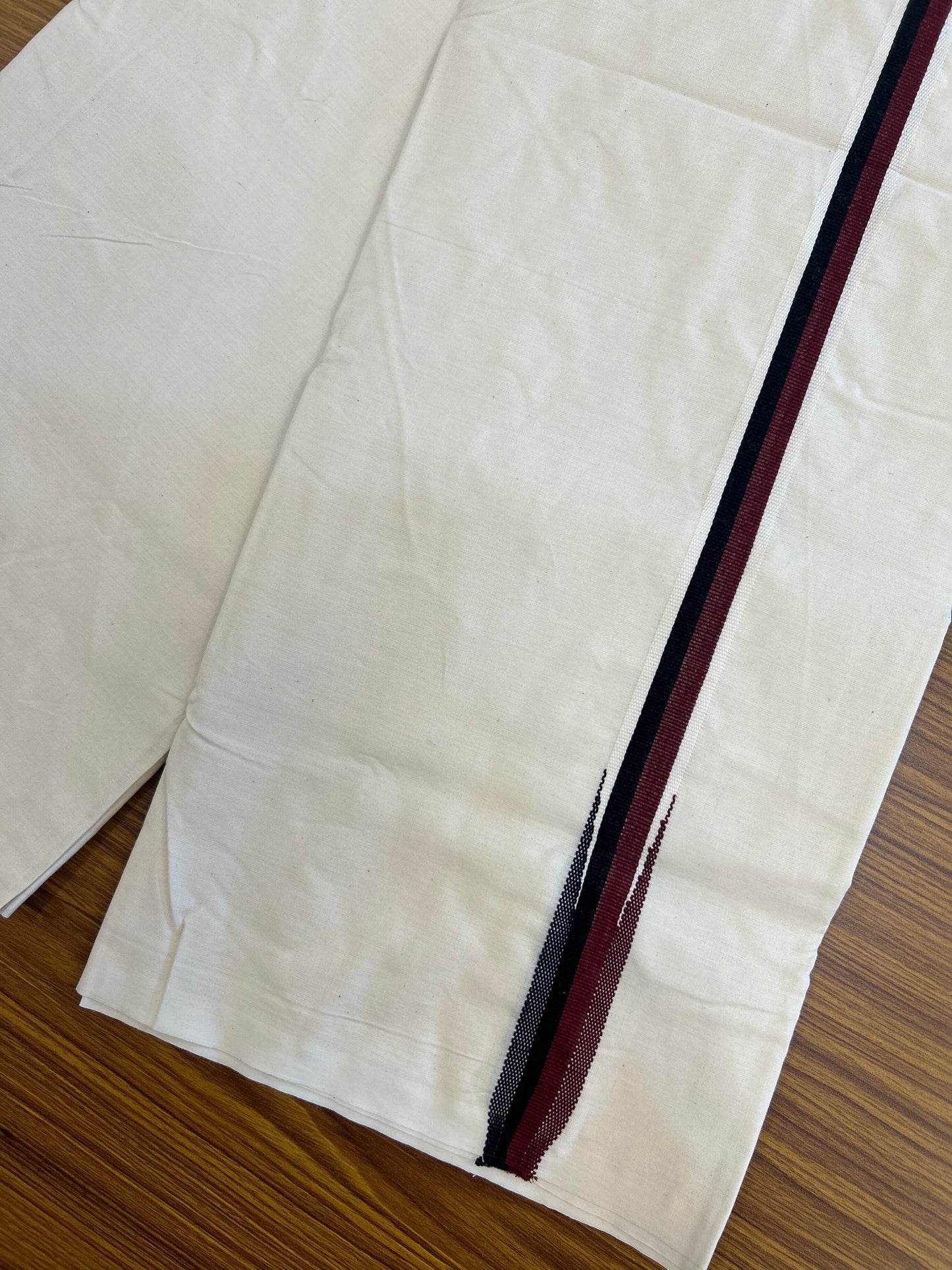 Dmk Veshti - 20% Discount !! KaithariKada Balaramapuram 100% Cotton Single Off White - (Unbleached) Mundu/Dhoti- Twisted 100s Thread - 1 inch Puliyilakkara Maroon & Black Chutty Kara (2 meter / 4 muzham) - 32 KK5373 ASH