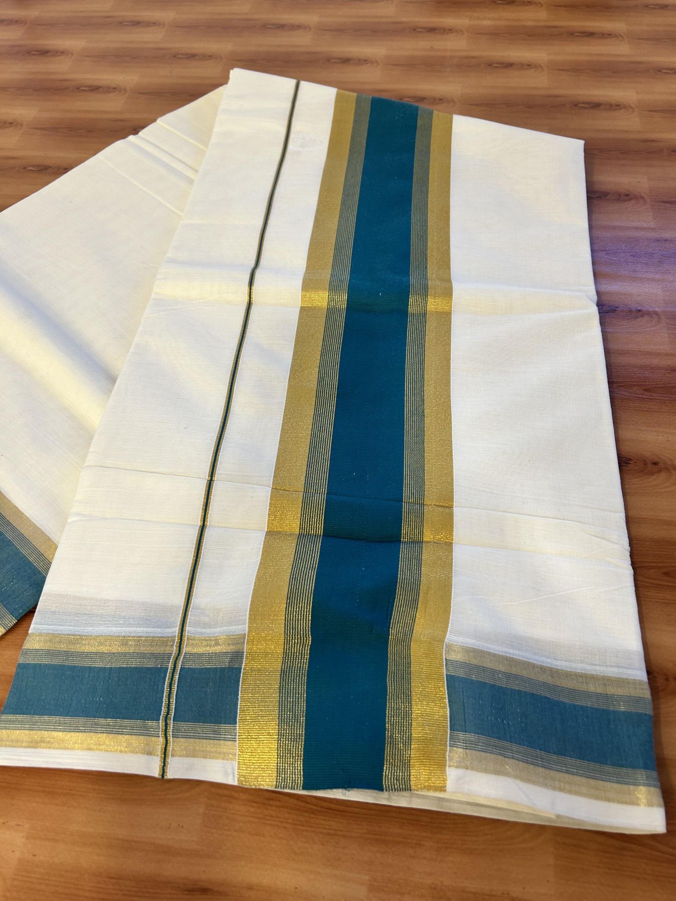 Off White Saree - 25% Discount! Kaitharikada Kerala Traditional Mixed Cotton Kasavu Saree - 3 Inch Pallu - Gold Kasav & Green Stripes Kara - 27 KK7000 PMC