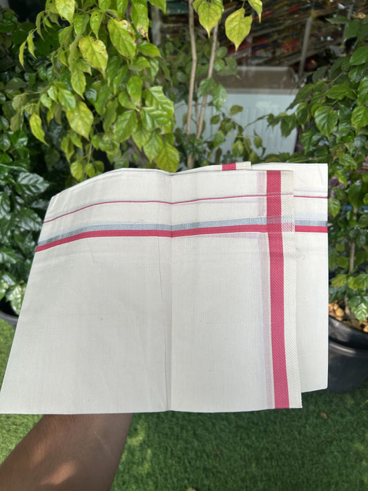 9% Discount! KaithariKada Balaramapuram 100% Cotton Single Off White - (Unbleached) Mundu/Dhoti - 100x80 - 0.5 inch Silver Kasav & Red Pink kara (2 meter / 4 muzham) - 60 KK52313 PMC