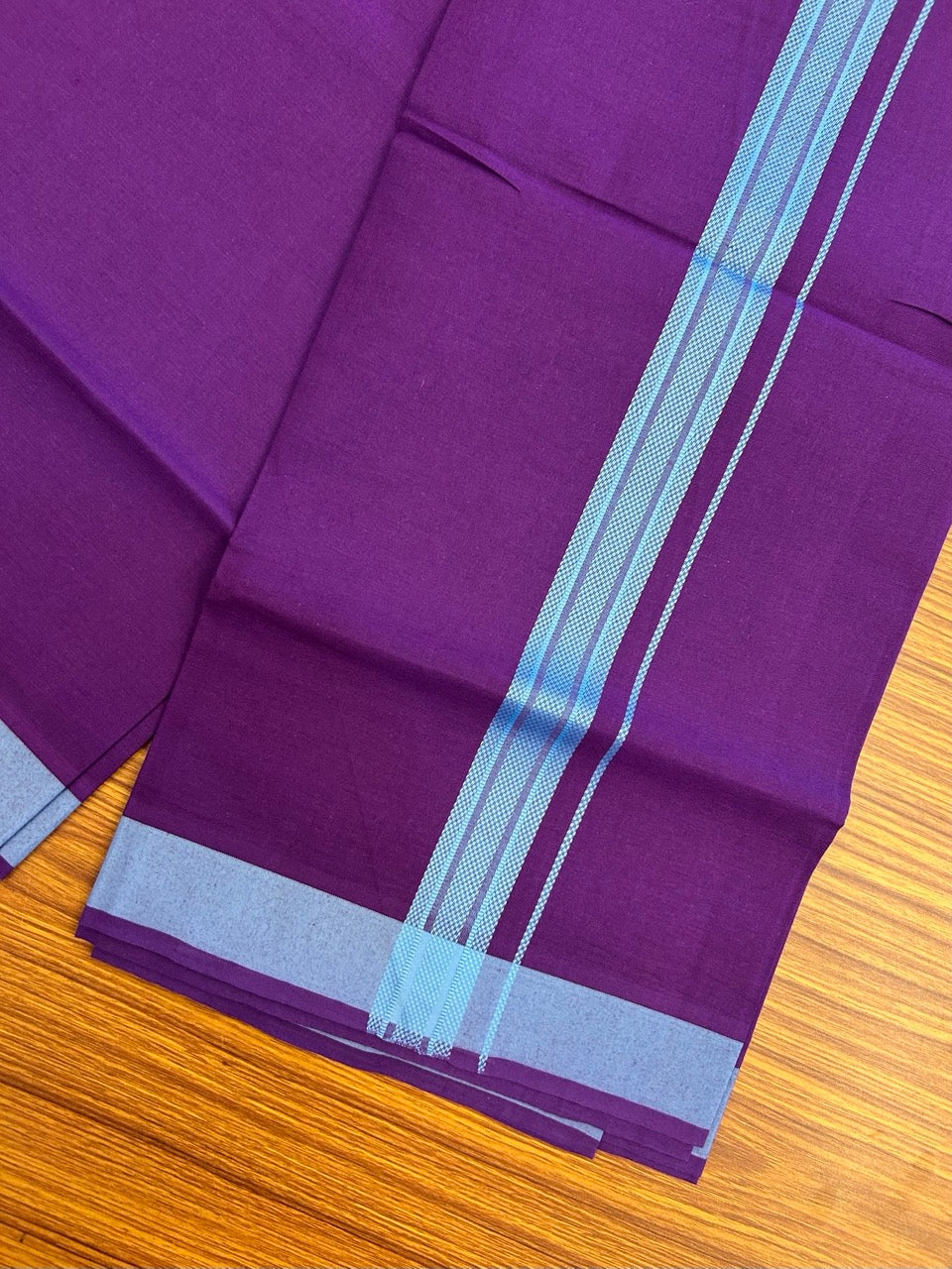 19% Discount!!! Kaitharikada - Single Kaily / Lungi - 1.25 inch Light Blue Pattern striped kara with Deep Violet colour body  (2 meter / 4 muzham) - 48 KK8035 GAN