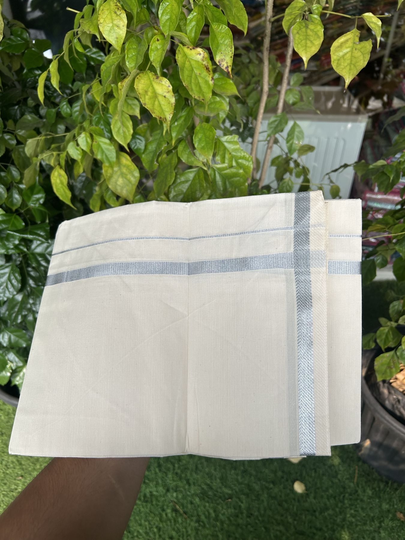 7% Discount! KaithariKada Balaramapuram 100% Cotton Single Off White - (Unbleached) Mundu/Dhoti - 100x80 - 0.5 inch Silver Kasav kara (2 meter / 4 muzham) - 71 KK52313 PMC