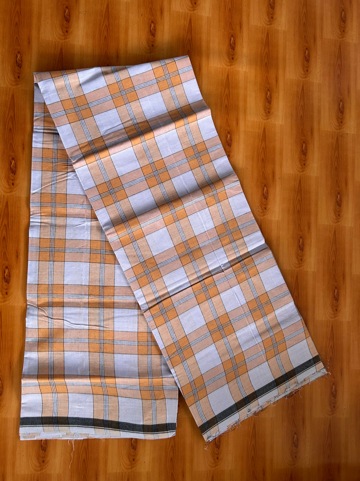 Premium Kathar Type Mund Pure cotton 40s - Kaitharikada Pulimood - Single Kaily / Lungi - 1 inch Black & White Border with White & Orange Check body (2 meter / 4 muzham) - 6 KK8090 MUT
