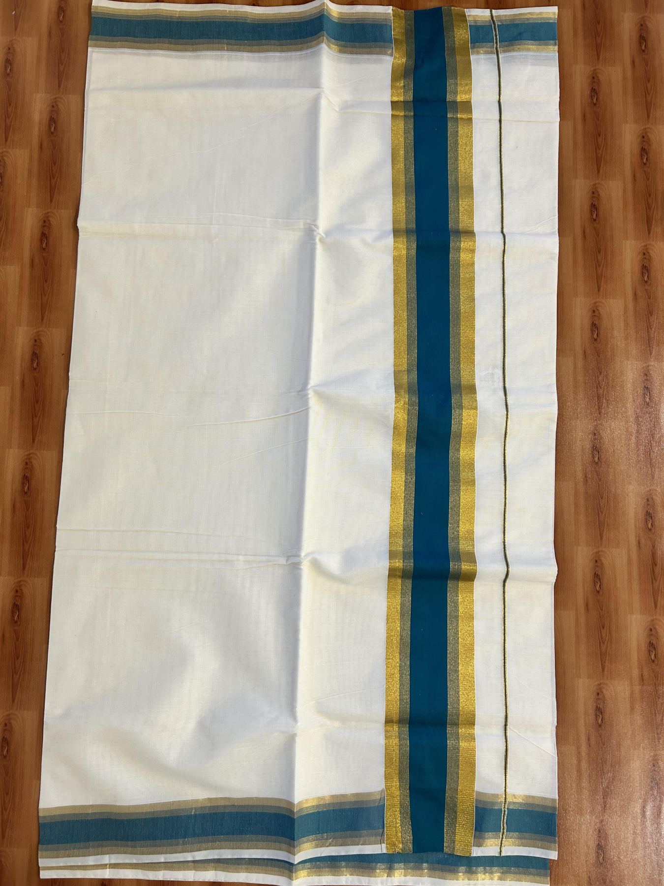 Off White Saree - 25% Discount! Kaitharikada Kerala Traditional Mixed Cotton Kasavu Saree - 3 Inch Pallu - Gold Kasav & Green Stripes Kara - 27 KK7000 PMC