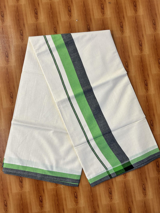 Off White Saree - 25% Discount! Kaitharikada Kerala Traditional Mixed Cotton Saree - 3 Inch Pallu - Black & Green Striped Kara - 61 KK7000 PMC