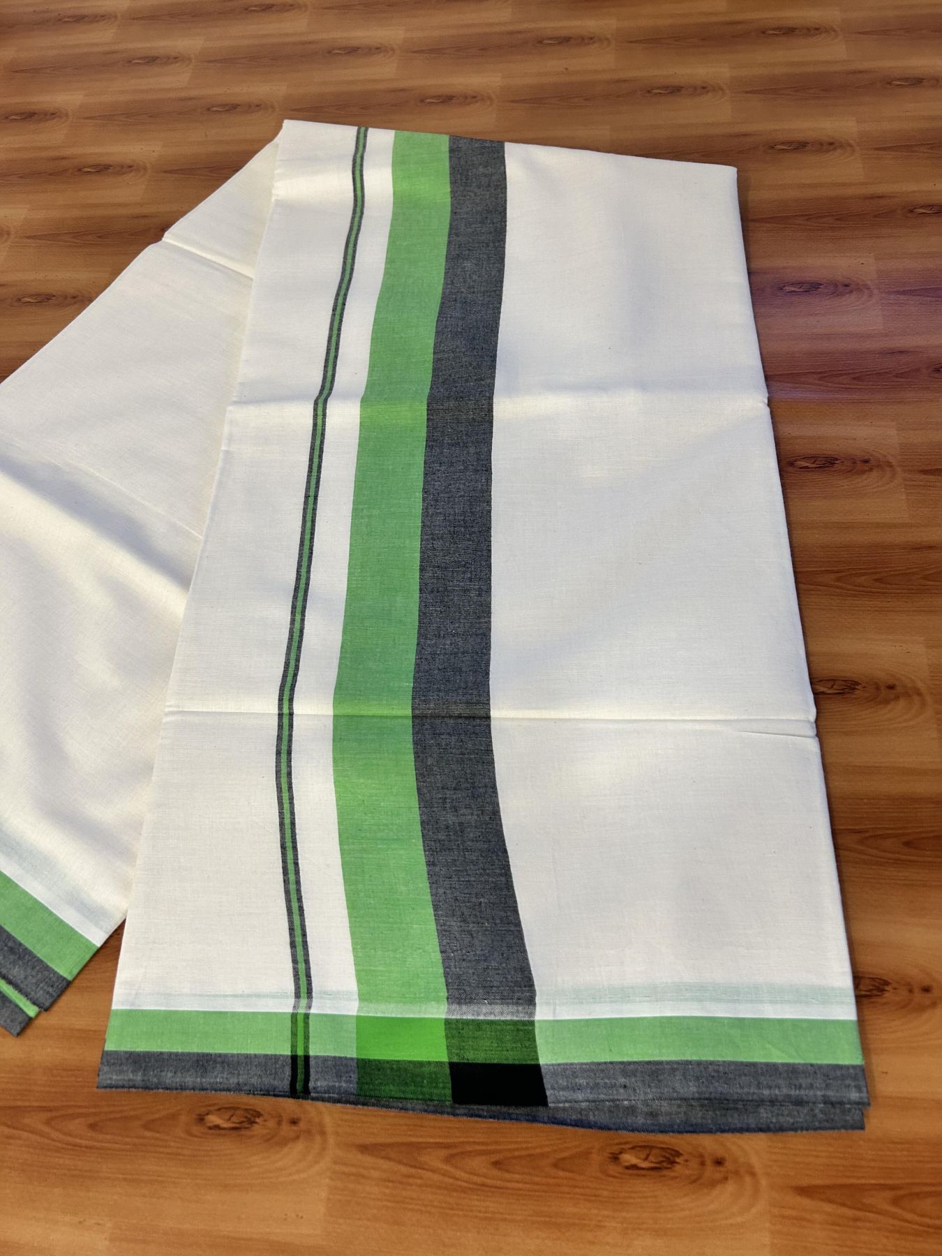 Off White Saree - 25% Discount! Kaitharikada Kerala Traditional Mixed Cotton Saree - 3 Inch Pallu - Black & Green Striped Kara - 61 KK7000 PMC