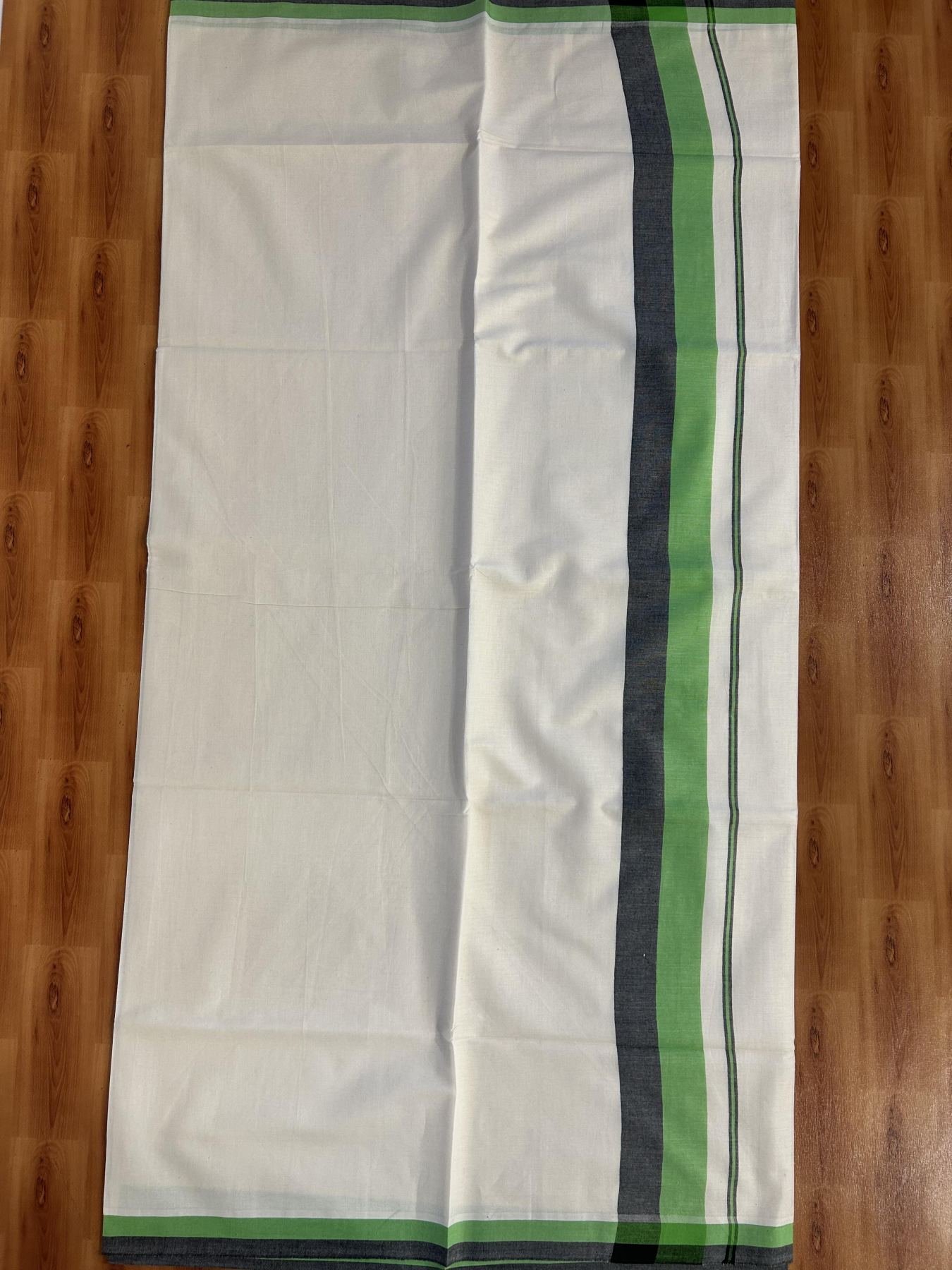 Off White Saree - 25% Discount! Kaitharikada Kerala Traditional Mixed Cotton Saree - 3 Inch Pallu - Black & Green Striped Kara - 61 KK7000 PMC