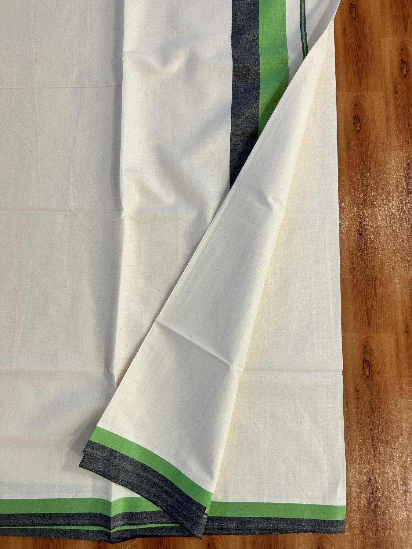 Off White Saree - 25% Discount! Kaitharikada Kerala Traditional Mixed Cotton Saree - 3 Inch Pallu - Black & Green Striped Kara - 61 KK7000 PMC