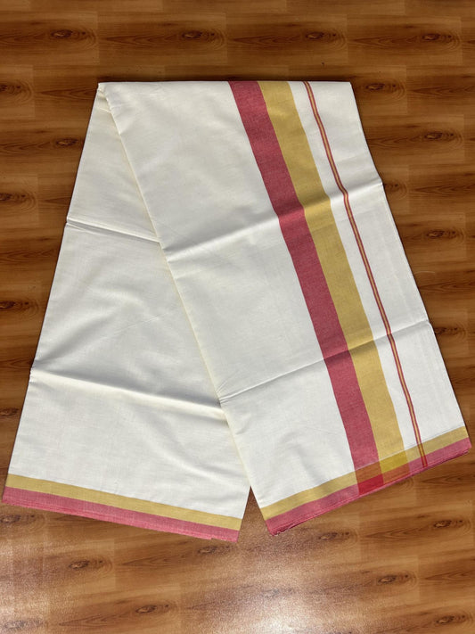 Off White Saree - 25% Discount! Kaitharikada Kerala Traditional Mixed Cotton Saree - 3 Inch Pallu - Yellow & Brick Red Striped Kara - 63 KK7000 PMC