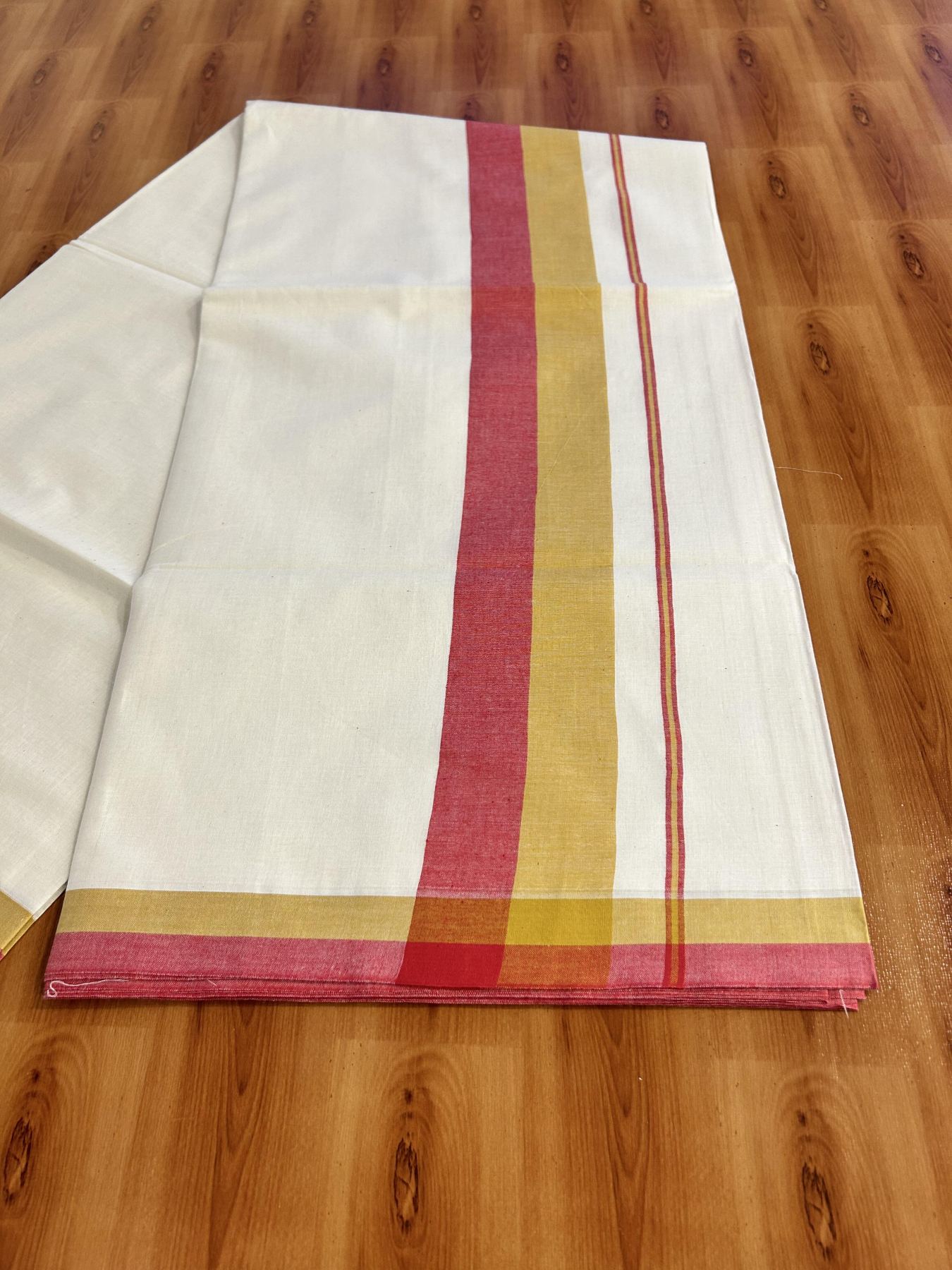 Off White Saree - 25% Discount! Kaitharikada Kerala Traditional Mixed Cotton Saree - 3 Inch Pallu - Yellow & Brick Red Striped Kara - 63 KK7000 PMC