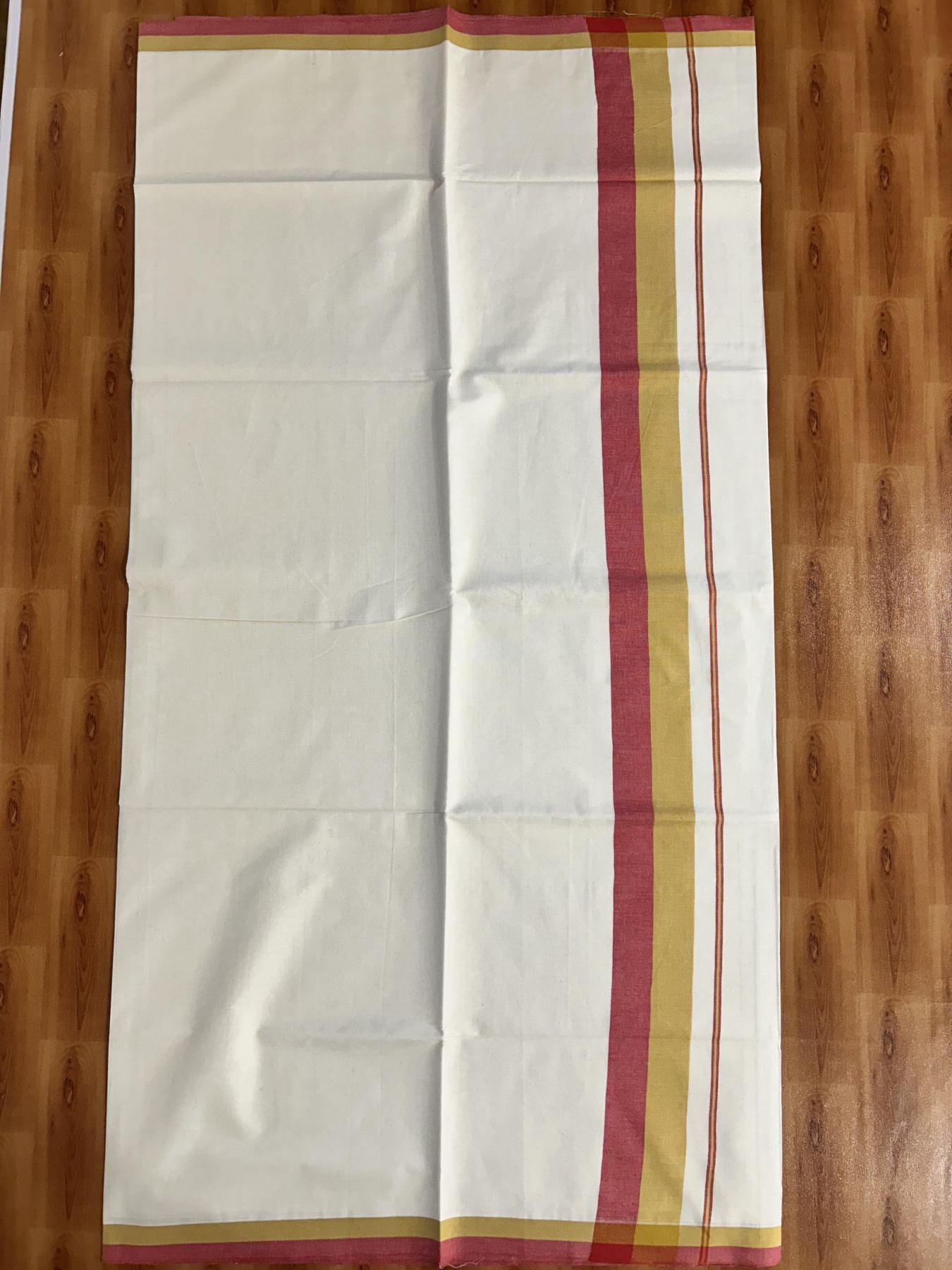 Off White Saree - 25% Discount! Kaitharikada Kerala Traditional Mixed Cotton Saree - 3 Inch Pallu - Yellow & Brick Red Striped Kara - 63 KK7000 PMC