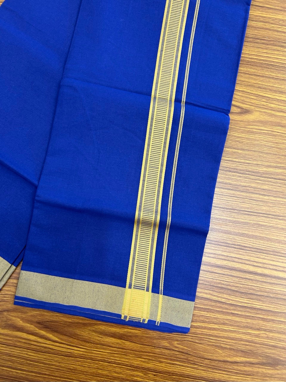 19% Discount!!! Kaitharikada - Single Kaily / Lungi - 1.25 inch Old Gold yellow Pattern striped kara with Dark royal Blue colour body  (2 meter / 4 muzham) - 50 KK8035 GAN